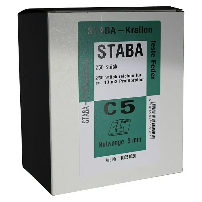 Staba Profilbrettkralle C 5 - 250 Stk., Stahl, Staerke_Nutwange: 5 Millimeter (mm) - Eine Packung STABA-Krallen C5, beste Feder, mit 250 Stück für ca. 10 m² Profilbretter und Nutwange 5 mm.