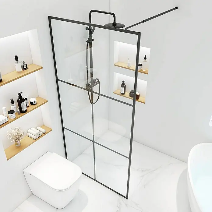 Home Deluxe Duschwand BAKI - Schwarz / Klarglas - Ein modernes Badezimmer mit einer stilvollen Duschkabine mit schwarzem Rahmen, Regendusche und minimalistischem Design für ein luxuriöses Ambiente.