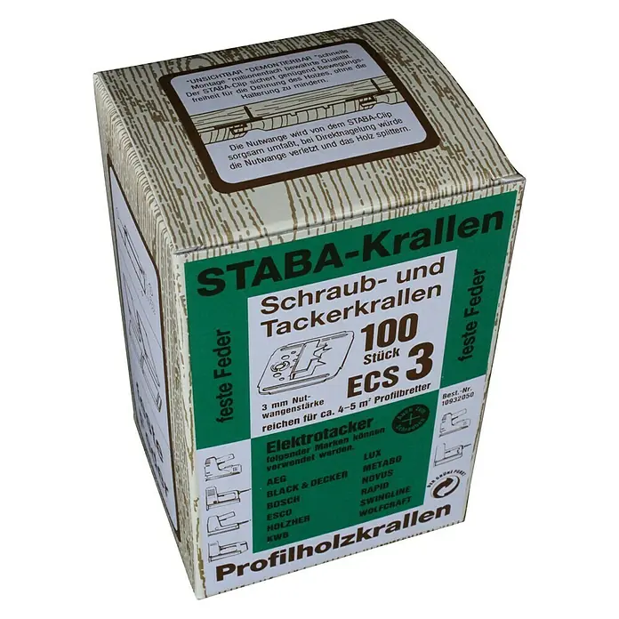 Staba Schraub- & Tackerkrallen ECS 3 - Stärke Nutwange: 3 mm, 100 Stk. - Produktbild: Eine Schachtel STABA-Krallen, Schraub- und Tackerkrallen für Profilholz.