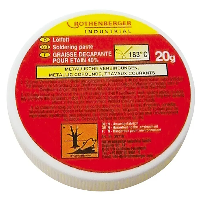 Rothenberger Industrial Grasa para soldar - 20 g - Bote de pasta para soldar Rothenberger Industrial, 20g con 40% de estaño, ideal para compuestos metálicos y proyectos de soldadura.