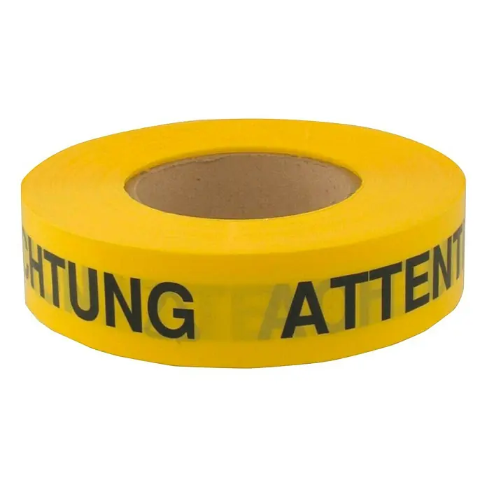 Warnband - 100 m x 40 mm, Gelb - Gelbes Warnband mit der Aufschrift "Achtung Attention" auf einer Rolle, ideal für Sicherheitsbereiche und Baustellen.