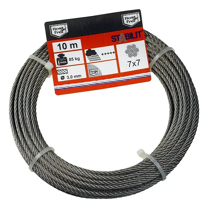 Stabilit Drahtseil - Ø x L: 3 mm x 1.000 cm, Belastbarkeit: 85 kg, Edelstahl - Edelstahl-Drahtseilrolle von Stabilit, 10 Meter lang, 3 mm Durchmesser und 85 kg maximale Belastbarkeit, ideal für vielfältige Anwendungen.