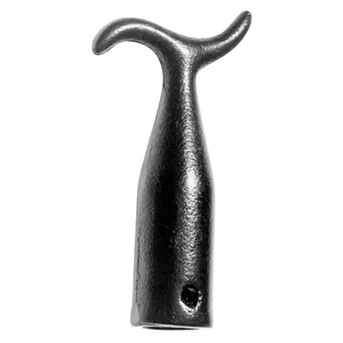 Stabilit Stockhaken - 115 x 65 mm, Kunststoff - Nahaufnahme eines schwarzen, metallischen Bootsmannshakens mit zwei Hakenenden und einem Loch am unteren Ende.