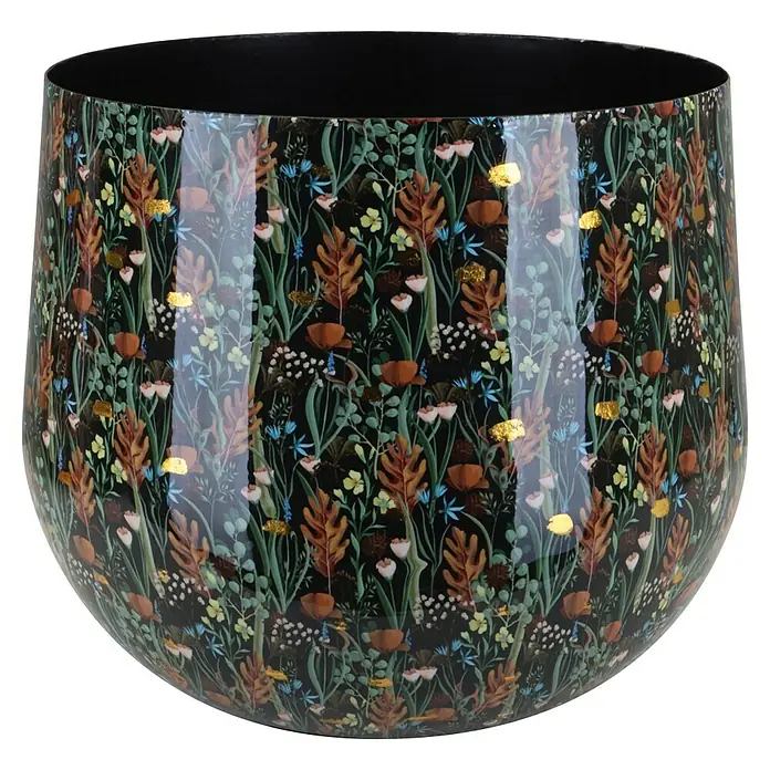 A.H.G. Übertopf rund Flora - Außenmaß (Ø x H): 21 x 17 cm, Metall, Schwarz/Gold, Glänzend - Elegantes, glänzend schwarzes Pflanzgefäß mit floralem Muster und goldenen Akzenten, das jedem Raum einen Hauch von Stil verleiht.
