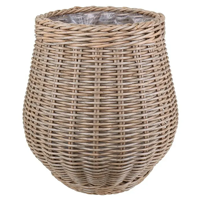 A.H.G. Pflanzkorb Aruba - Außenmaß (Ø x H): 33 x 27 cm, Kunststoff, Braun - Ein hoher, konischer Pflanztopf aus hellem Rattan mit robustem Flechtmuster und einer transparenten Innenauskleidung für Pflanzen.