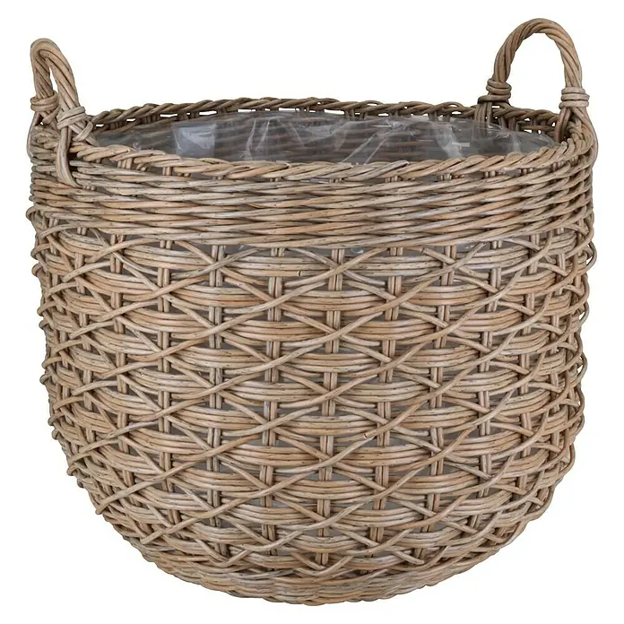 A.H.G. Pflanzkorb Curacao - Außenmaß (Ø x H): 45 x 35 cm, Kunststoff, Braun - Nahaufnahme eines geflochtenen Korbes mit Griffen, ideal zur Dekoration von Wohnräumen. Die natürliche Textur verleiht jedem Raum eine warme Note.