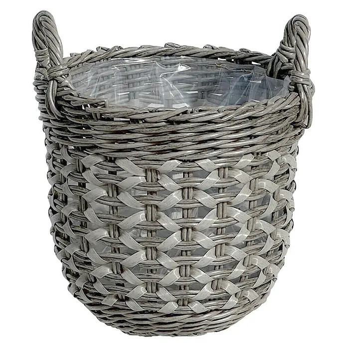 A.H.G. Pflanzkorb Bonaire - Außenmaß (Ø x H): 31 x 25 cm, Kunststoff, Grau - Grauer Korb aus Weide mit praktischen Henkeln und wasserdichter Auskleidung für Blumen und Pflanzen. Dekoratives Element für Haus und Garten.