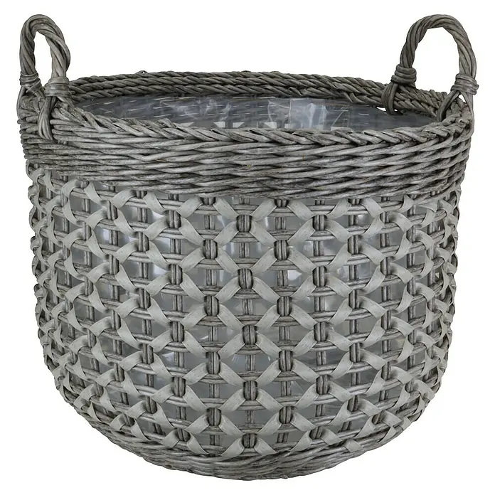 A.H.G. Pflanzkorb Bonaire - Außenmaß (Ø x H): 45 x 35 cm, Kunststoff, Grau - Ein grauer, runder Pflanzkorb mit Griffen und geflochtenem Muster. Ideal für Zimmerpflanzen und als dekoratives Element.