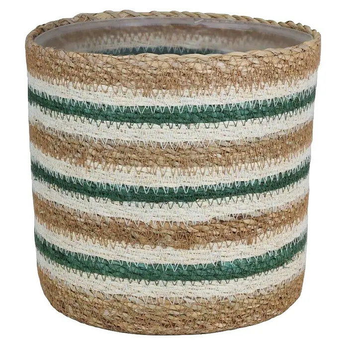 A.H.G. Pflanzkorb - Außenmaß (Ø x H): 18 x 18 cm, Naturmaterialien, Seegras, Natur/Grün - Dieser bezaubernde, gestreifte Pflanztopf aus Bast in neutralen Farbtönen ist die perfekte Ergänzung für jeden Raum und bringt einen Hauch von Natürlichkeit.