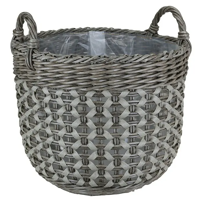 A.H.G. Pflanzkorb Bonaire - Außenmaß (Ø x H): 38 x 29 cm, Kunststoff, Grau - Nahaufnahme eines grauen, runden Pflanzkorbs aus Korbweide mit zwei Henkeln und einem durchsichtigen Einsatz.