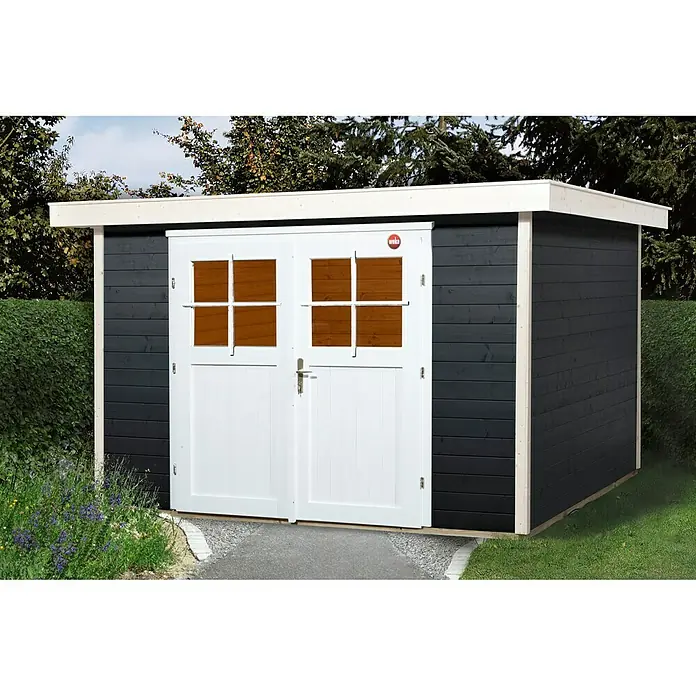 Weka Gerätehaus Colore 3 - Holz, Anthrazit, Weiß - Ein geräumiger Geräteschuppen in modernem Design mit Doppeltüren und Fenster für die Aufbewahrung von Gartengeräten und Werkzeugen.