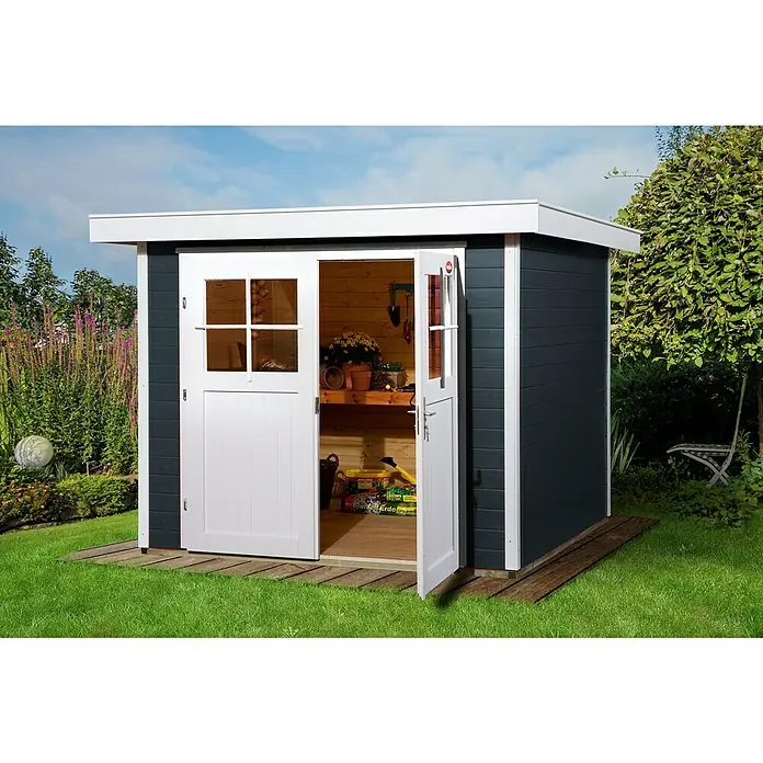Weka Gerätehaus Colore 1 - Außenbreite inkl. Dachüberstand: 259 cm, Außentiefe inkl. Dachüberstand: 253 cm, Holz, Anthrazit, Weiß - Ein geräumiger Holzgartenhaus mit Doppeltüren, ideal für die Aufbewahrung von Gartengeräten und Zubehör.