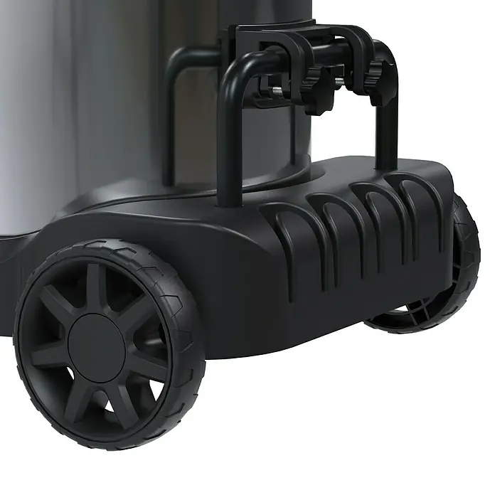 Güde Nass-Trockensauger GNTS 3-60L - 3.600 W, 60 l - Nahaufnahme der Basis eines Staubsaugers mit Rädern und einem Griff zur einfachen Bewegung und Handhabung.