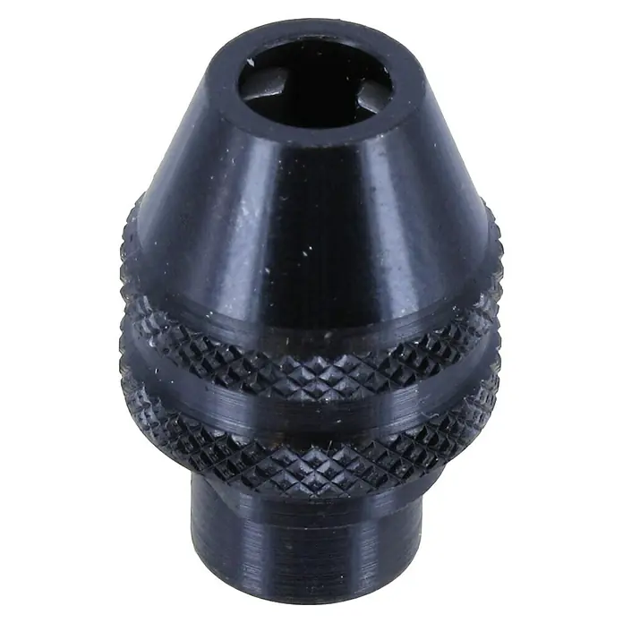 Dremel Bohrfutter 4486 - Passend für: Dremel Multifunktionswerkzeuge (außer 4200) - Nahaufnahme eines schwarzen, selbstspannenden Bohrfutters mit gerändelter Oberfläche für sicheren Halt beim Bohren.