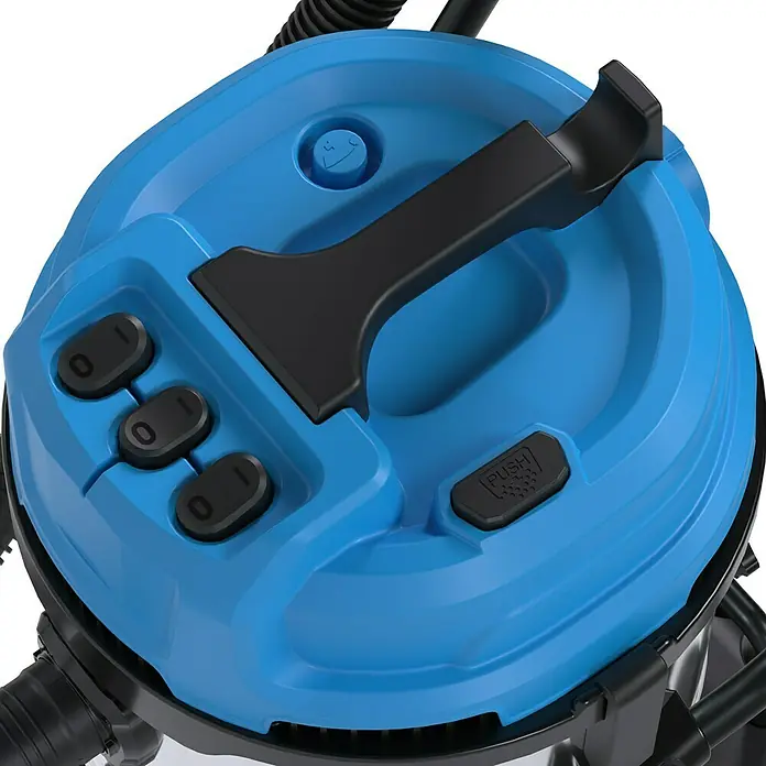 Güde Nass-Trockensauger GNTS 3-60L - 3.600 W, 60 l - Nahaufnahme des blauen Staubsaugerdeckels mit schwarzem Griff, Schaltern und „Push“-Taste.