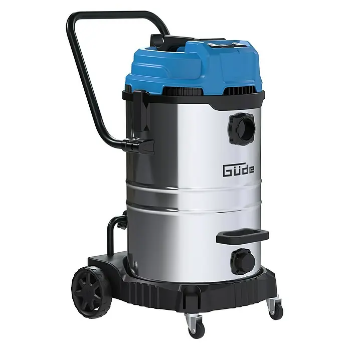 Güde Nass-Trockensauger GNTS 3-60L - 3.600 W, 60 l - Abbildung eines Nass-Trockensaugers von Güde, ideal für Werkstatt und Garage, mit robustem Edelstahlbehälter und praktischem Fahrgestell für Mobilität.