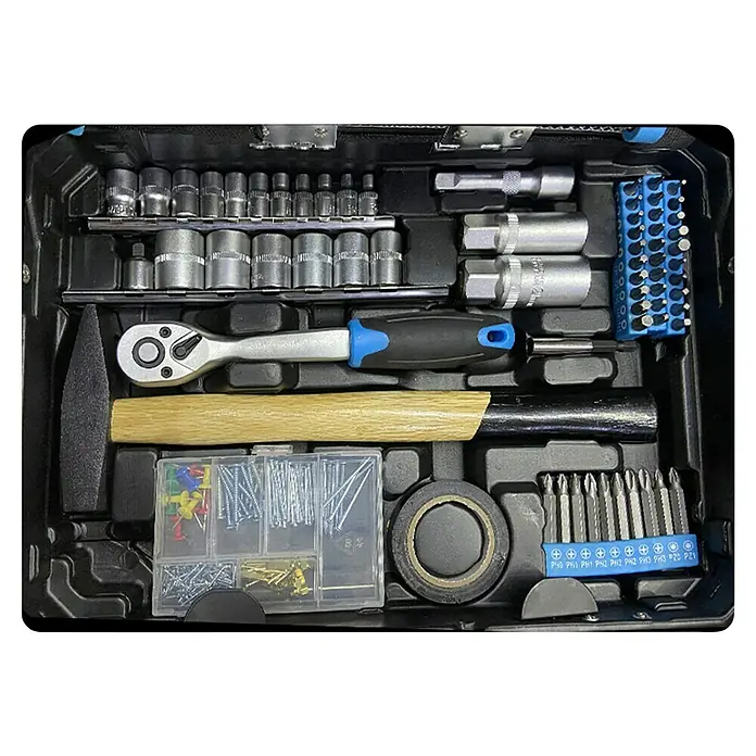 Güde Werkzeugkoffer GWZK 241 - 241 -tlg. - Detailaufnahme eines Werkzeugkoffers mit verschiedenen Werkzeugen, darunter Schraubenschlüssel, Hammer, Schraubendreher und Bits.