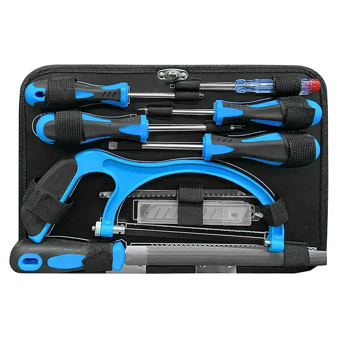 Güde Werkzeugkoffer GWZK 241 - 241 -tlg. - Werkzeugset in schwarzer Tasche mit blau-schwarzen Schraubenziehern, Säge und Messerklingen.