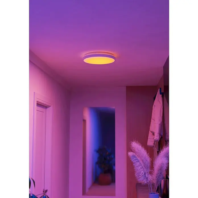 Eglo connect.z LED-Deckenleuchte rund Monaterllino-Z - 22 W, Ø x H: 38,7 x 7,5 cm, Weiß, RGBW - Eine Nahaufnahme einer Philips Hue Deckenleuchte, die ein warmes Licht in einem Flur mit violetten Wänden ausstrahlt.