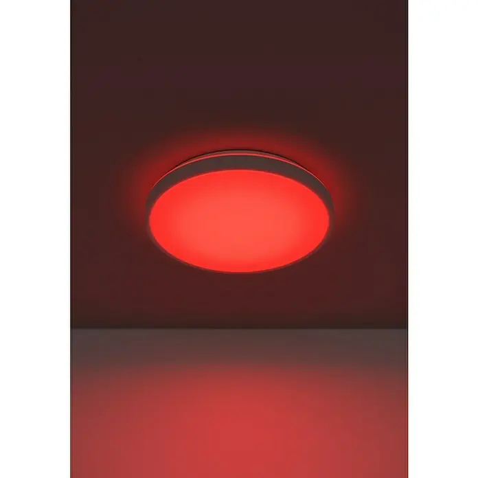 Eglo connect.z LED-Deckenleuchte rund Monaterllino-Z - 22 W, Ø x H: 38,7 x 7,5 cm, Weiß, RGBW - Diese Aufnahme zeigt eine runde Deckenleuchte, die rot leuchtet und eine moderne und minimalistische Ästhetik vermittelt.