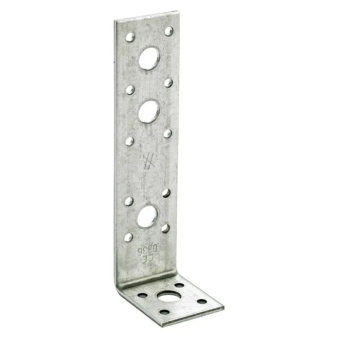 Simpson Strong-Tie Winkelverbinder AH - 50 x 40 x 160 mm - Ein silberfarbener, rechtwinkliger Winkelverbinder aus Metall mit Löchern in verschiedenen Größen zur Befestigung von Holzbalken.
