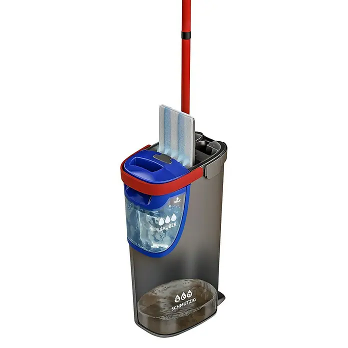 Vileda Reinigungssystem & Eimer H2PRO Flat Mop System - 1 x Flachwischer, 1 x Eimer mit Zweitanksystem, 1 x Wischbezug - Ein roter Mopp mit Eimer, der mit "Sauber" und "Schmutzig" gekennzeichnet ist, für effiziente Reinigungslösungen.