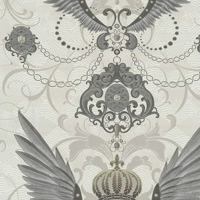 Glööckler Vliestapete - Silber, Ornament, 10,05 x 0,7 m - Elegantes Wanddesign mit Krone, Flügeln und Ornamenten in Grau- und Weißtönen. Exquisites Muster für stilvolle Innenräume.