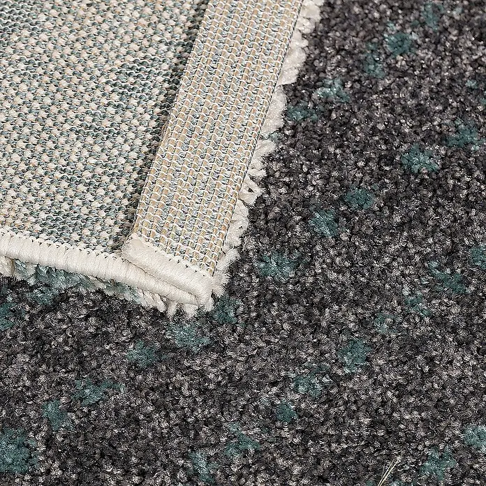 Dekoria Flachgewebeteppich - grau, türkis, 290 x 200 cm - Nahaufnahme eines Teppichs mit grauem Flor und türkisfarbenen Akzenten, die eine gemütliche und stilvolle Atmosphäre schaffen.