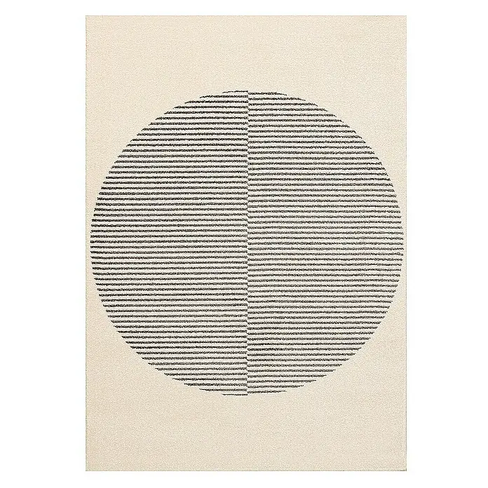 Dekoria Flachgewebeteppich - grau, creme, 170 x 120 cm - Dieser Teppich zeigt ein abstraktes Kreismuster in Schwarz und Creme, das jedem Raum einen modernen Touch verleiht. Das Design ist minimalistisch und stilvoll.