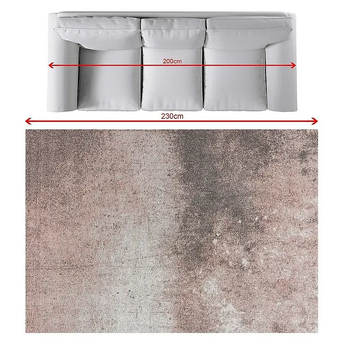 Dekoria Flachgewebeteppich - grau, pink, creme - Draufsicht auf ein helles Sofa mit den Maßen 200cm (Sitzfläche) und 230cm (Gesamtbreite), darunter ein gemusterter Teppich.