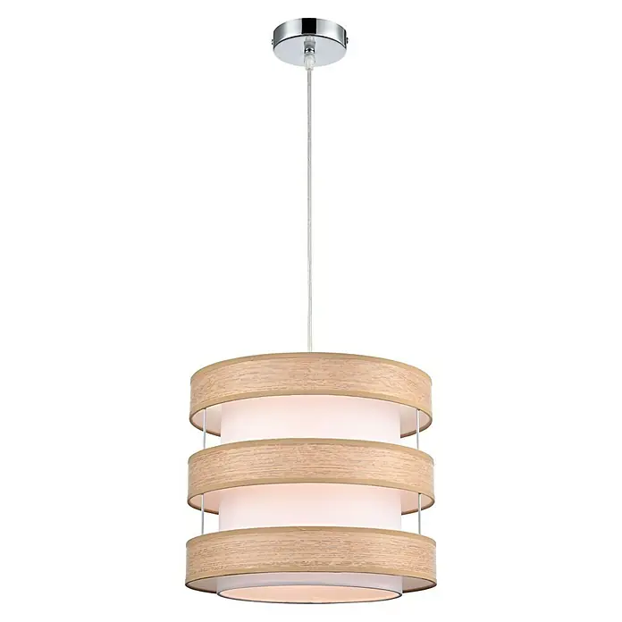 Tween Light Lámpara colgante redonda Piano - 60 W, Ø x Al: 30 x 110 cm, Beige, E27 - Lámpara colgante moderna con tres anillos de madera y pantalla blanca, ideal para iluminación elegante.