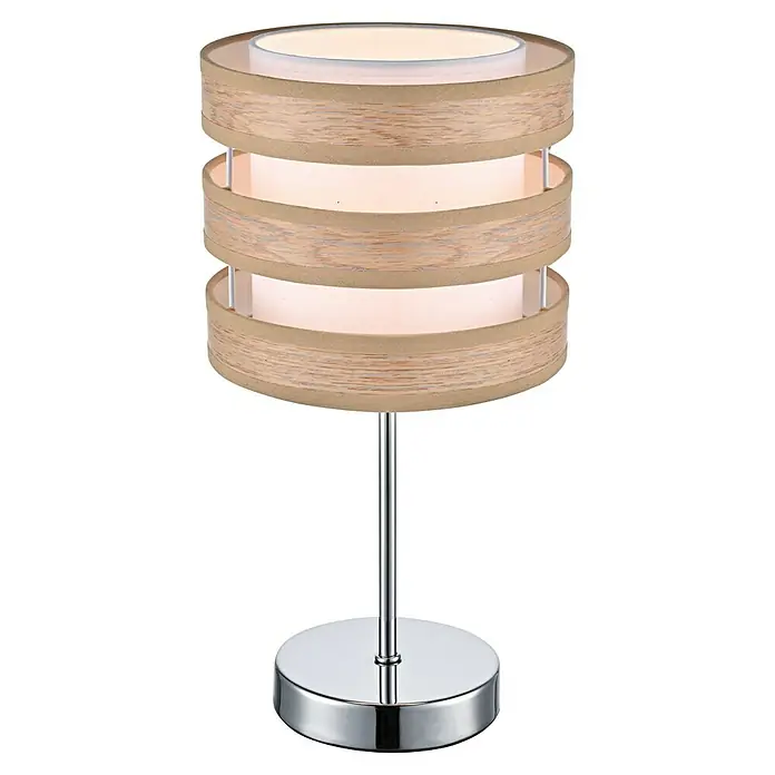 Tween Light Piano Lámpara de sobremesa redonda - 40 W, Ø x Al: 35 x 18 cm, Beige, E27 - Una lámpara de mesa moderna con una pantalla de diseño de madera y una base cromada brillante.