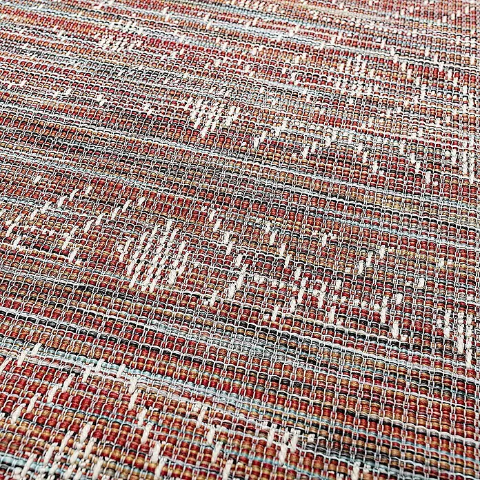 Dekoria Flachgewebeteppich - rot, bunt, 230 x 155 cm - Nahaufnahme eines gewebten Teppichs mit detailliertem Muster und einer Mischung aus roten, weißen und neutralen Farbtönen.