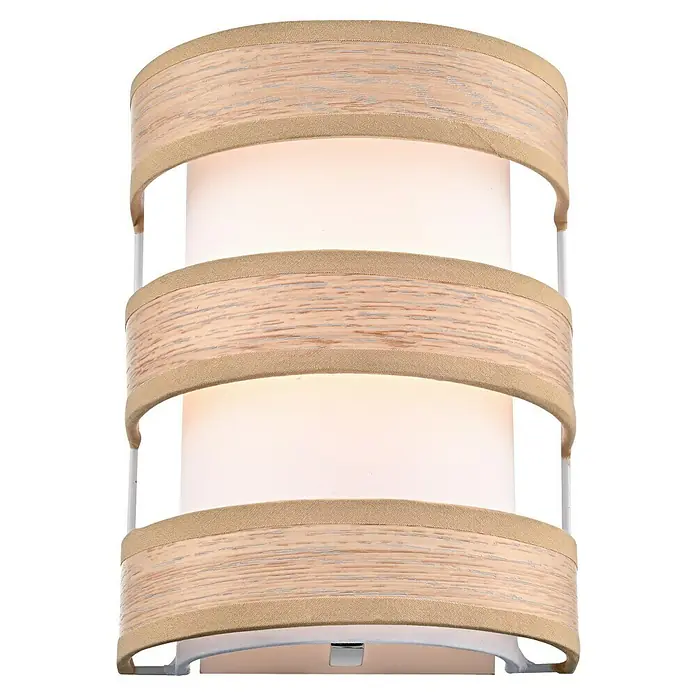 Tween Light Piano Aplique de pared - 40 W, An x Al: 15 x 20 cm, Beige, E27 - Primer plano de una moderna lámpara de pared con tres pantallas de madera y luz blanca cálida.