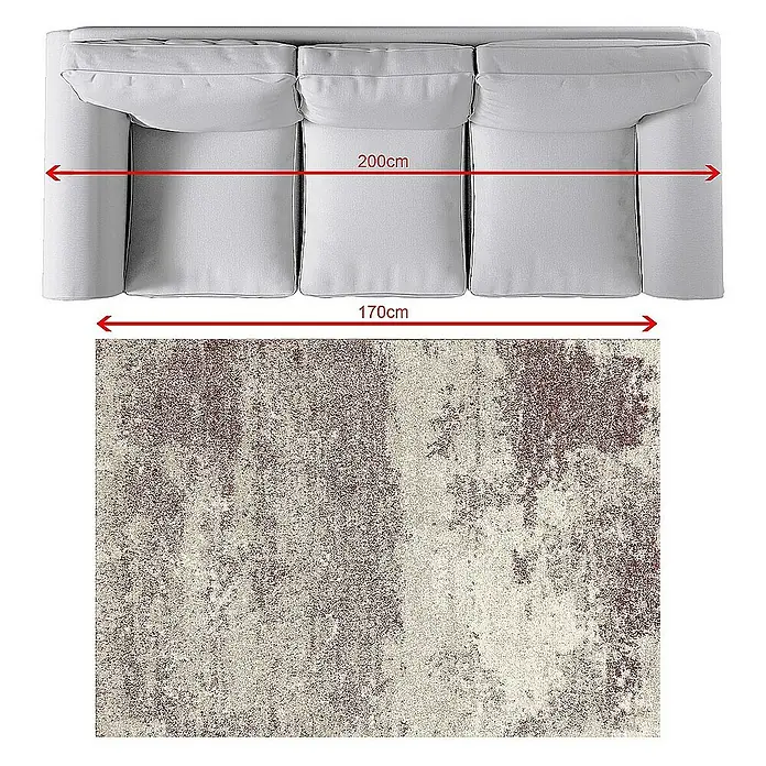 Dekoria Flachgewebeteppich - bordeaux, grau, 170 x 120 cm - Draufsicht eines grauen Sofas mit den Maßen 200 cm Breite und ein darunter liegender Teppich mit 170 cm Breite.