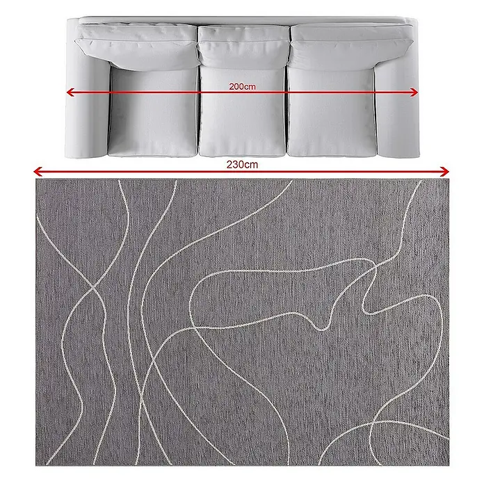 Dekoria Flachgewebeteppich - grau, 230 x 160 cm - Grauer Teppich mit abstraktem Muster unter einem hellen Sofa, das 200 cm breit ist, wobei der Teppich 230 cm breit ist.