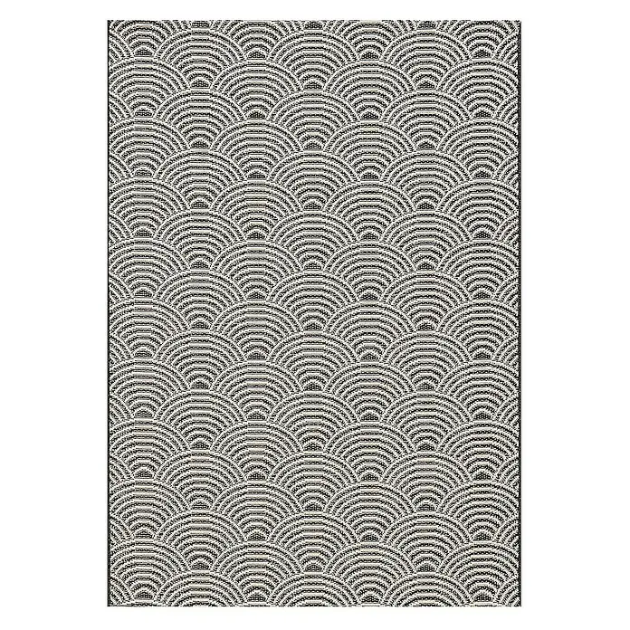 Dekoria Flachgewebeteppich - schwarz, beige, 170 x 120 cm - Strukturierte Nahaufnahme eines Teppichs mit einem sich wiederholenden Fächerdesign in neutralen Farbtönen, ideal für moderne Wohnräume.