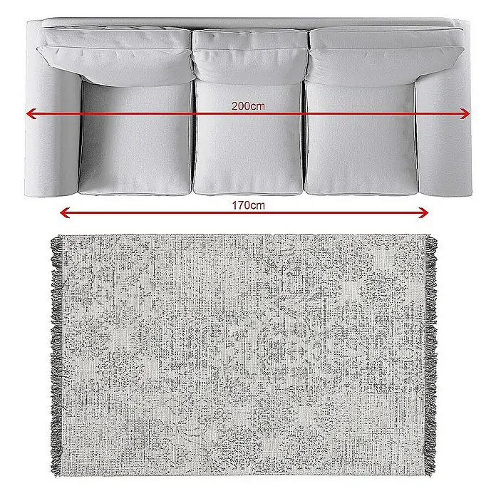 Dekoria Flachgewebeteppich - grau, 170 x 120 cm - Abbildung zeigt eine graue Couch mit den Maßen 200 cm x 170 cm über einem gemusterten Teppich.