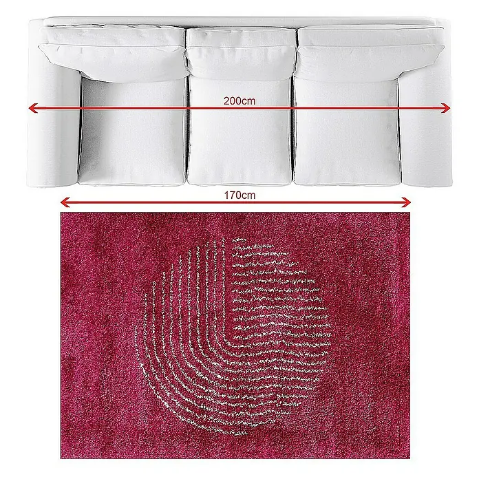 Dekoria Flachgewebeteppich - bordeaux - Sofablick von oben mit Maßen und einem roten Teppich mit abstraktem Muster darunter.