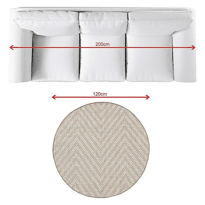 Dekoria Flachgewebeteppich - creme, beige, 120 x 120 cm - Draufsicht eines weißen Sofas (200 cm) über einem runden Teppich (120 cm). Minimalistisches Design für Ihr Wohnzimmer.