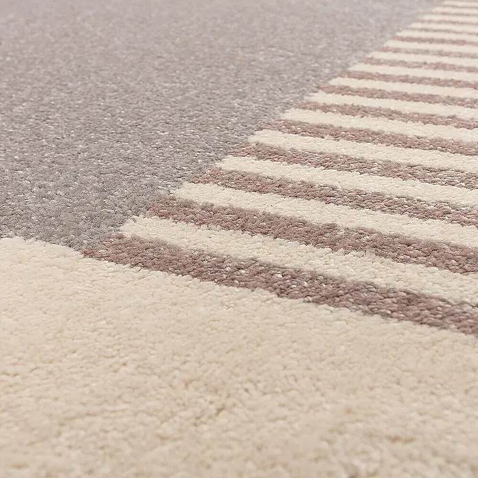 Dekoria Flachgewebeteppich - pink, beige, bunt, 230 x 160 cm - Nahaufnahme eines Teppichs mit einem modernen Streifenmuster in Grau-, Beige- und Rosatönen, der Textur und Design hervorhebt.