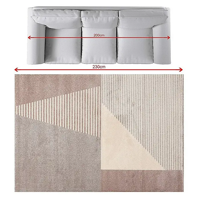 Dekoria Flachgewebeteppich - pink, beige, bunt, 230 x 160 cm - Abbildung eines Sofas und eines Teppichs mit geometrischem Muster in verschiedenen Erd- und Grautönen für die Inneneinrichtung.