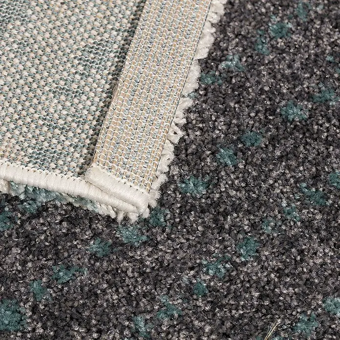Dekoria Flachgewebeteppich - grau, türkis, 230 x 160 cm - Nahaufnahme eines grauen Teppichs mit türkisfarbenen Akzenten, der eine interessante Textur und ein Muster aufweist.