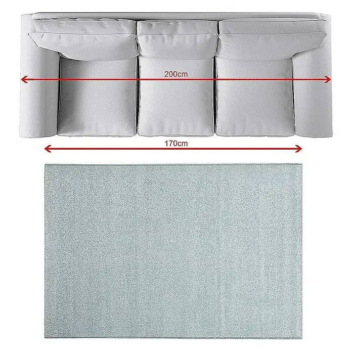 Dekoria Flachgewebeteppich - blau, 170 x 120 cm - Ansicht von oben: grauer Teppich vor weißem Sofa mit den Maßen 170 cm und 200 cm.