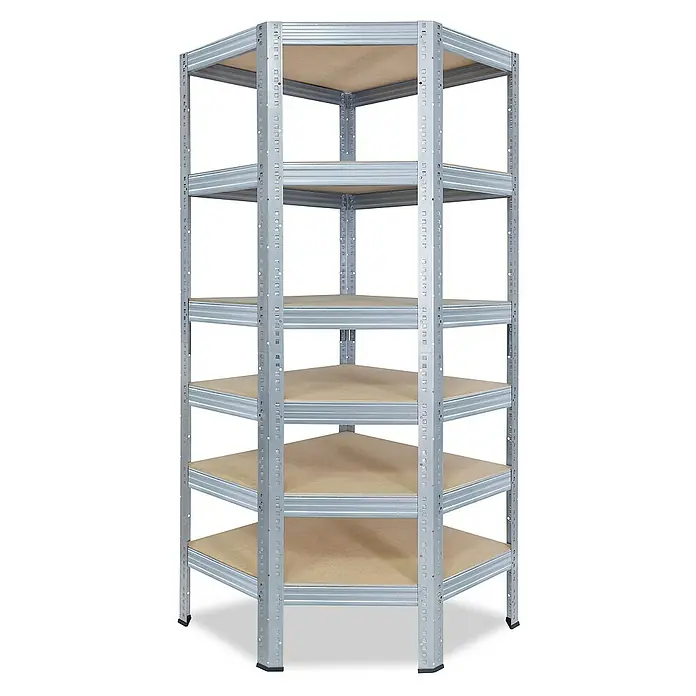 shelfplaza Schwerlastregal PRO - H x B x T: 230 x 80 x 50 cm, Traglast pro Boden: 200 kg, Stecken, verzinkt - Ein Eckregal mit sechs Holzablagen und einem robusten Metallrahmen, ideal zur platzsparenden Aufbewahrung in Ecken. Vielseitig einsetzbar!