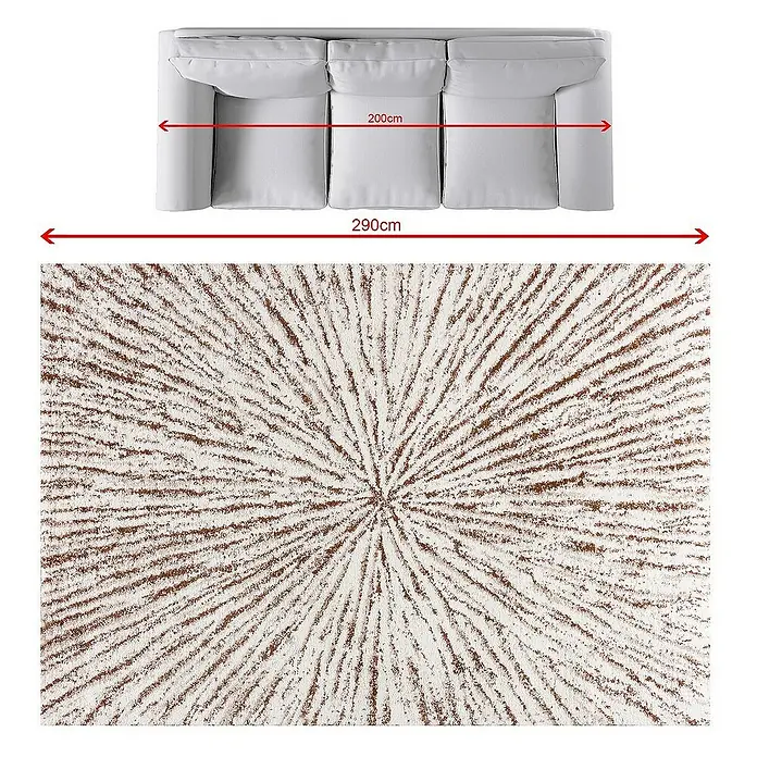 Dekoria Flachgewebeteppich - weiß, creme, beige, braun, 290 x 200 cm - Moderner Teppich mit abstraktem Muster und ein graues Sofa mit Maßangaben.