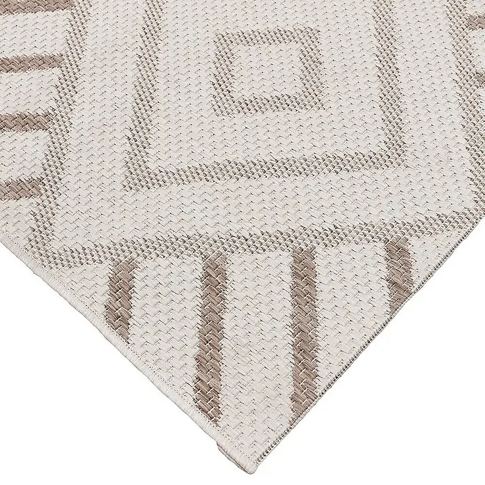 Dekoria Flachgewebeteppich - creme, beige, braun, 290 x 200 cm - Nahaufnahme eines gewebten Teppichs mit geometrischem Muster und braunen Akzenten, ideal für jeden Raum.