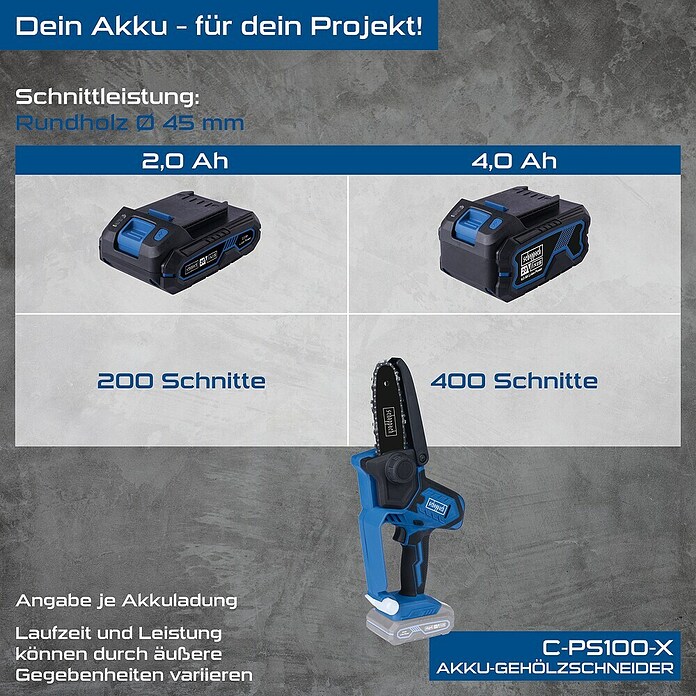Scheppach IXES 20V Einhand-Akku-Kettensäge C-PS100-X (20 V, 2 Ah, Li-Ionen, 1 Akku, Schwertlänge: 15 cm) | BAUHAUS