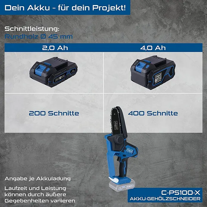 Scheppach IXES 20V Einhand-Akku-Kettensäge C-PS100-X - 20 V, 2 Ah, Li-Ionen, 1 Akku, Schwertlänge: 15 cm - Akku-Gehölzschneider C-PS100-X mit 2.0 Ah und 4.0 Ah Akkus für 200 bzw. 400 Schnitte in Rundholz bis 45 mm Durchmesser.