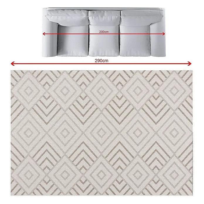 Dekoria Flachgewebeteppich - creme, beige, braun, 290 x 200 cm - Bild eines Sofas auf einem gemusterten Teppich mit Maßangaben von 200 cm und 290 cm zur Veranschaulichung der Größe.